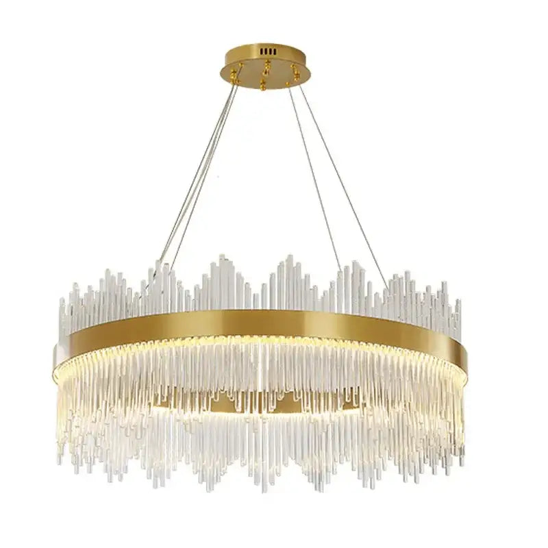 Modern gold decorbites crystal chandelier with clear glass rods in a circular cascading design for living room decor