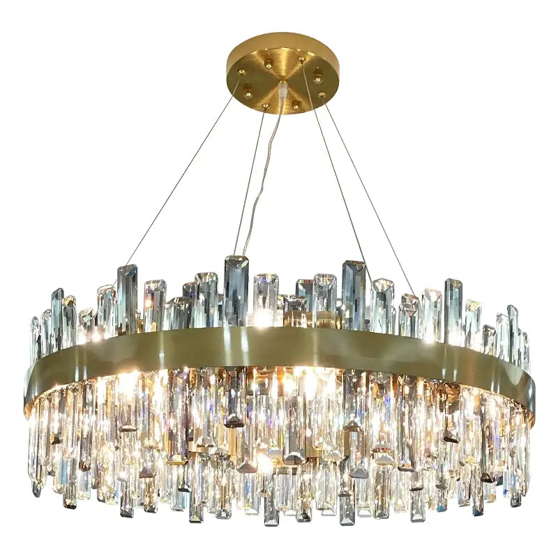Modern gold decorbites crystal chandelier with cascading clear crystal prisms and circular brass frame for living room