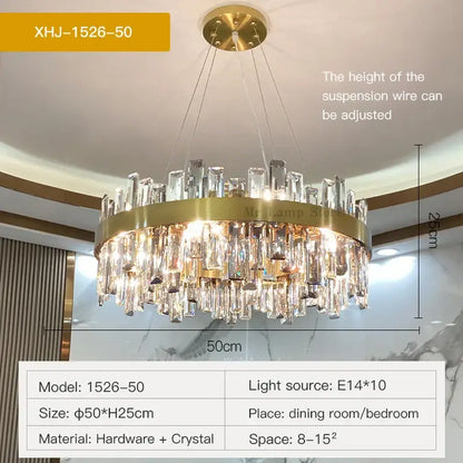 Modern gold decorbites crystal chandelier with cascading clear crystal prisms and circular brass frame for living room