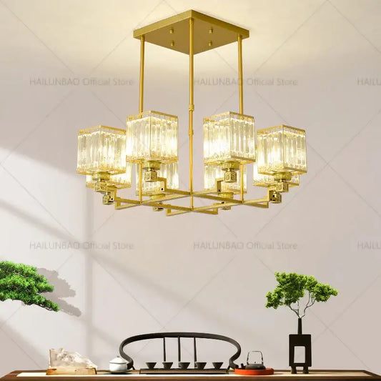 Modern gold decorbites crystal chandelier with five rectangular glass shades and square ceiling mount for living room
