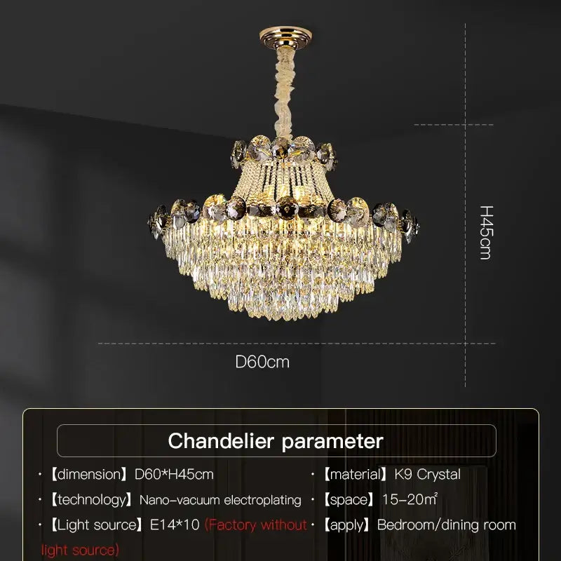 Modern gold decorbites crystal chandelier with cascading k9 crystals and twisted brass stem for living room