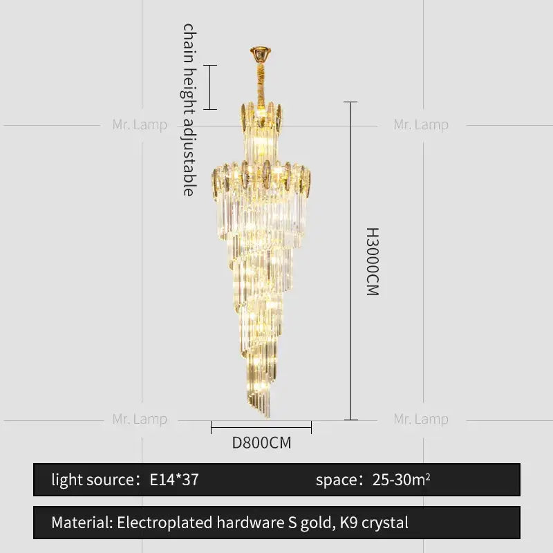 Modern gold decorbites crystal chandelier with golden electroplated frame and cascading clear k9 crystal tiers for staircase