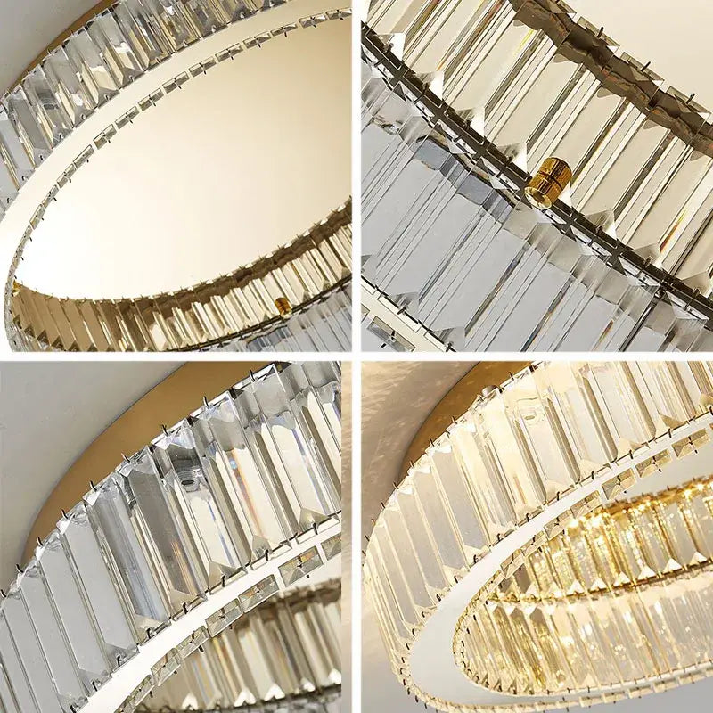 A modern gold decorbites crystal circle ceiling chandelier with two tiers of faceted clear glass prisms for living room