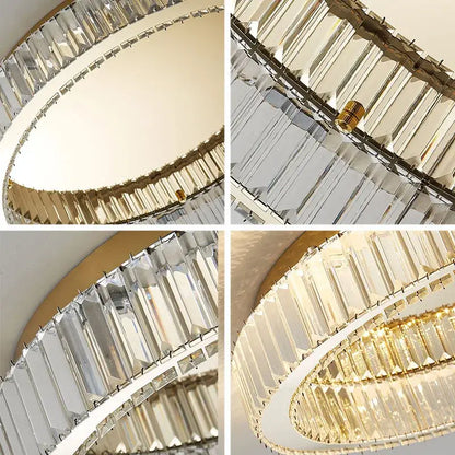 A modern gold decorbites crystal circle ceiling chandelier with two tiers of faceted clear glass prisms for living room
