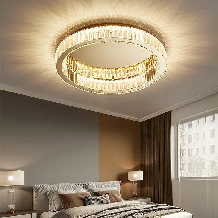 Modern gold decorbites crystal circle ceiling chandelier with two concentric clear faceted crystal rings
