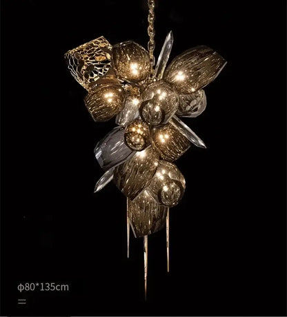 Modern gold decorbites crystal duplex chandelier with textured glass orbs and crystal shards for living room lighting
