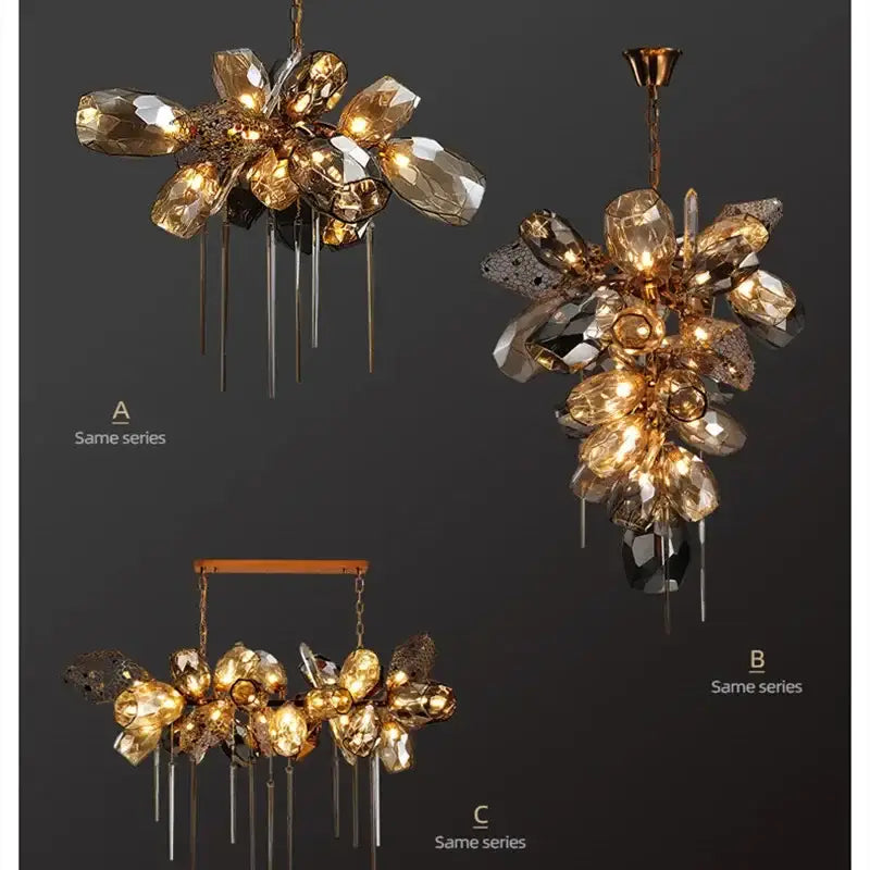 Modern gold decorbites crystal duplex chandelier with faceted flower-like designs and dangling metallic rods for living room
