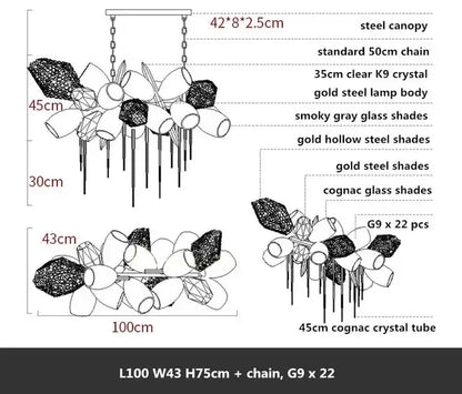 Modern gold decorbites crystal duplex chandelier with smoked gray and cognac glass shades and k9 crystal accents for living room