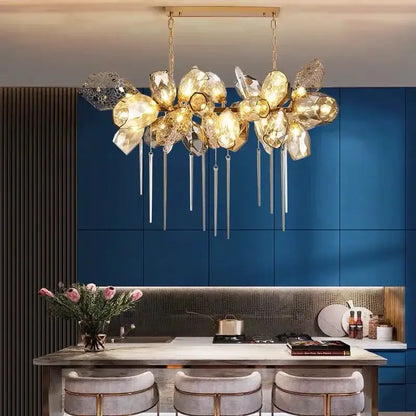 Modern gold decorbites crystal duplex chandelier with gold-toned crystals and dangling glass rods for living room lighting