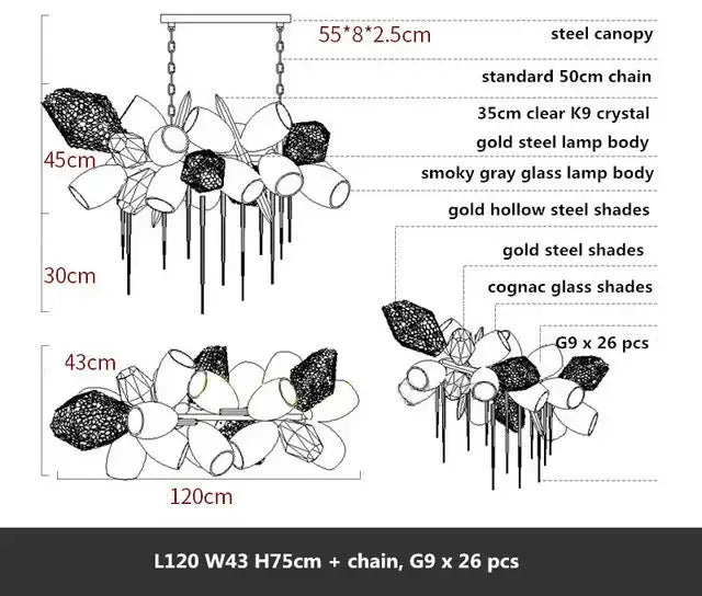 Modern gold decorbites crystal duplex chandelier with steel canopy, gold hollow steel shades, and cognac glass shades