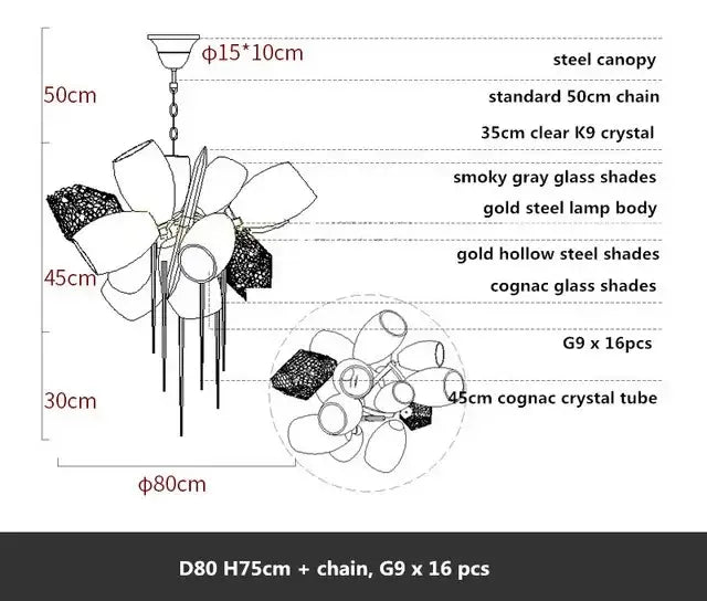 Modern gold decorbites crystal duplex chandelier with gold steel body smoky gray glass and 16 cognac crystal tubes