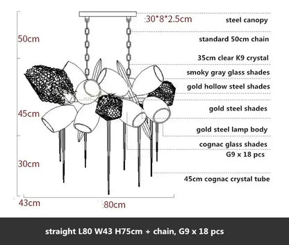 Modern gold decorbites crystal duplex chandelier with steel canopy gold shades smoky gray and cognac glass elements suspended by chains