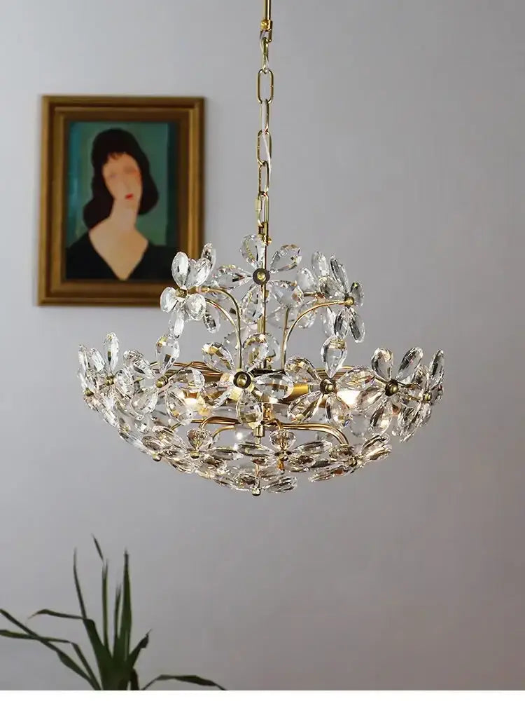 Modern gold decorbites crystal flower chandelier featuring clear faceted crystals for elegant living room lighting