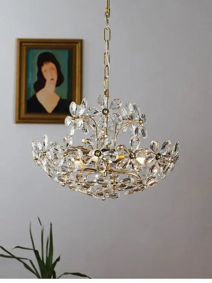 Modern gold decorbites crystal flower chandelier featuring clear faceted crystals for elegant living room lighting