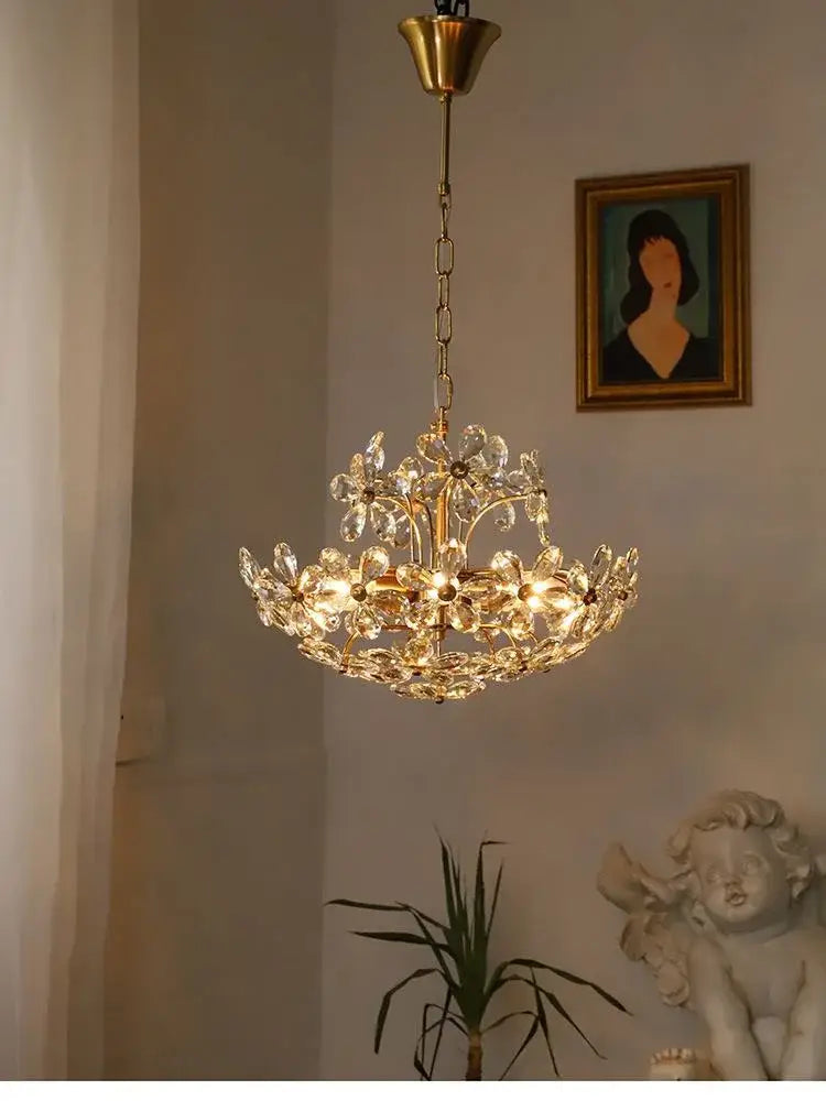 Modern gold decorbites crystal flower chandelier featuring golden finish and crystal flower accents for living room