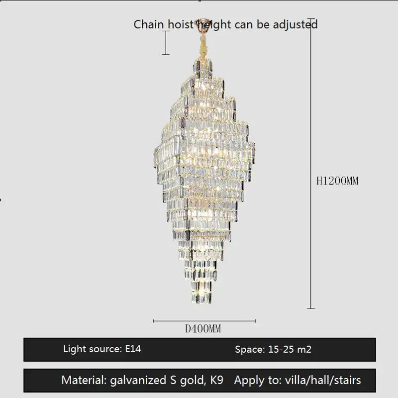 Modern gold decorbites crystal large chandelier with tiered crystals and adjustable chain for staircase lighting