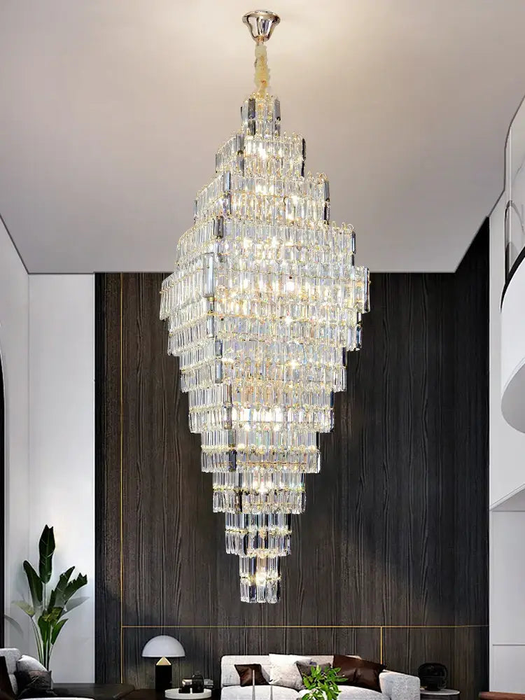 Modern gold decorbites crystal large chandelier with cascading rectangular prisms for staircase pendant lighting