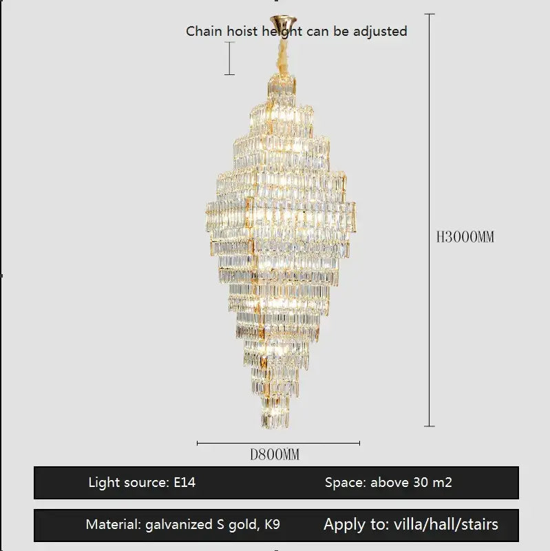 Modern gold decorbites crystal large chandelier with tiered clear rectangular crystals in gold metal frame for staircase lighting