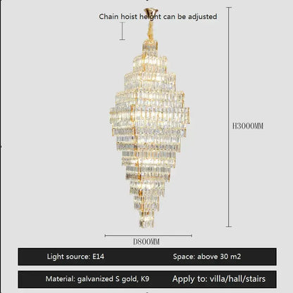 Modern gold decorbites crystal large chandelier with tiered clear rectangular crystals in gold metal frame for staircase lighting
