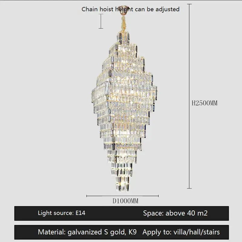 A tall modern gold decorbites crystal large chandelier with a tiered design and adjustable chain hoist for staircases