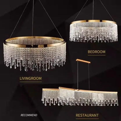 Modern gold decorbites crystal led chandelier with cascading clear droplets for living room bedroom or restaurant settings