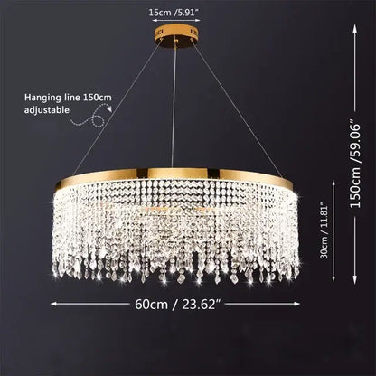 Modern gold decorbites crystal led rectangular chandelier with cascading crystal beads and wooden top bar for dining room