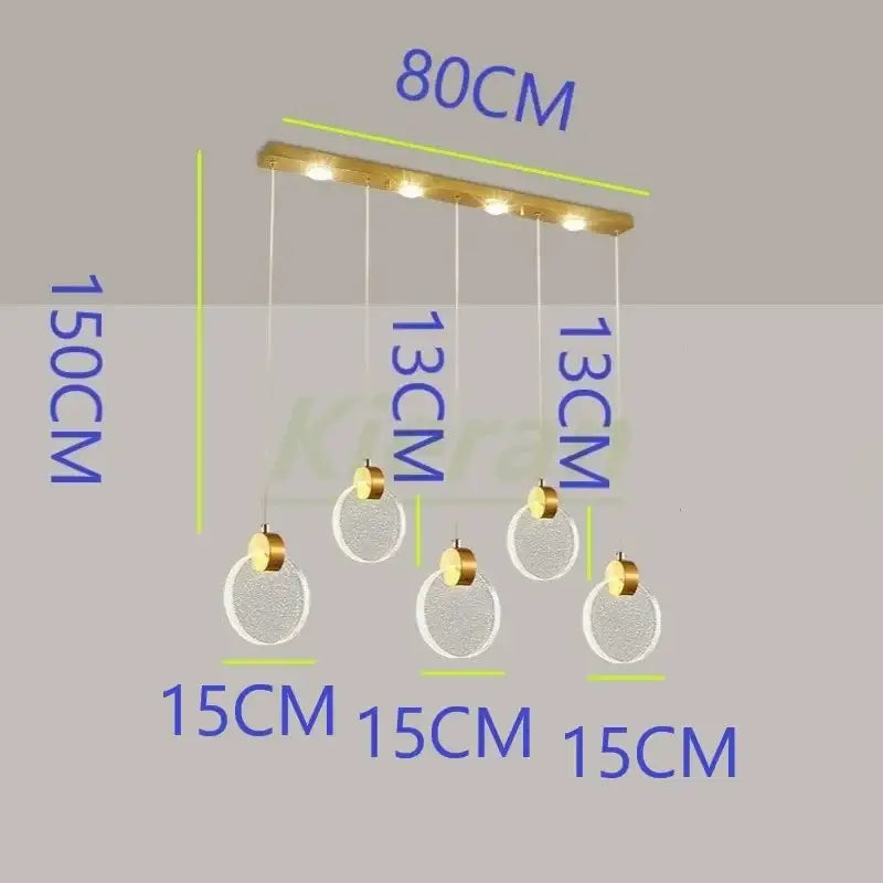 Modern gold decorbites crystal led pendant light with five clear textured glass shades and brass bar for bedroom use