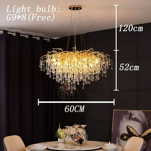 Modern gold decorbites crystal led chandelier featuring golden branch-style design with dangling crystal droplets for dining room light
