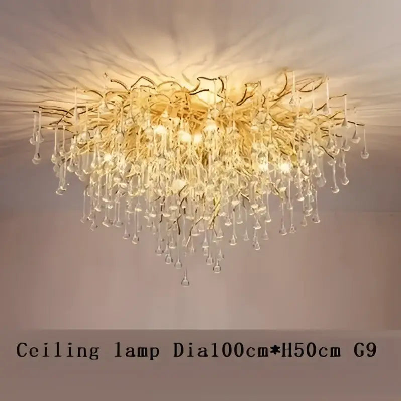 Modern gold decorbites crystal led chandelier with golden branch design and dangling crystal droplets for dining room light