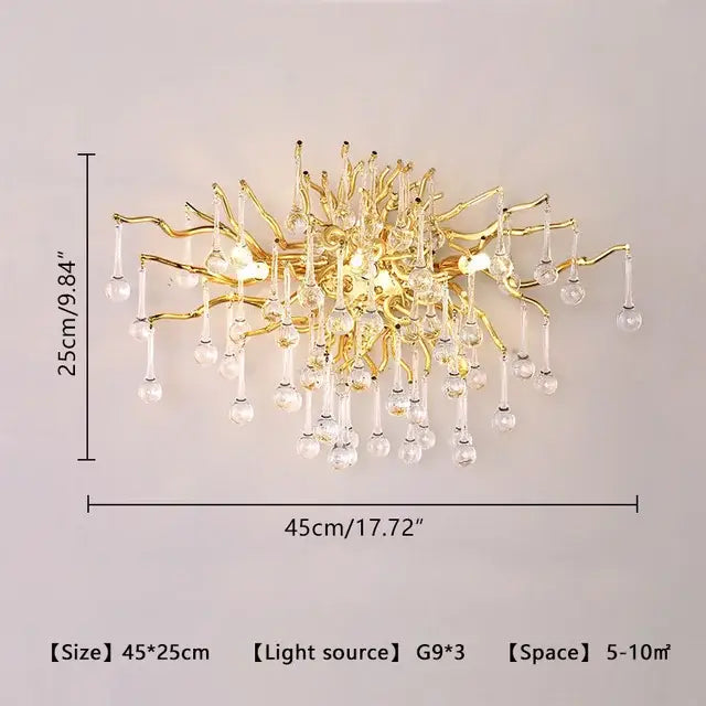 Modern gold decorbites crystal led chandelier with intricate branching arms and dangling crystal droplets for dining room light