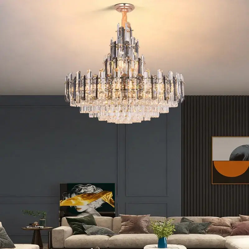 Modern gold decorbites crystal led chandelier with tiered clear and frosted prisms on polished chrome frame for dining room