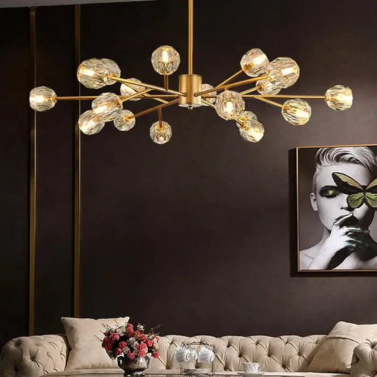 Modern gold decorbites crystal led chandelier with multiple crystal globe shades for dining room lighting