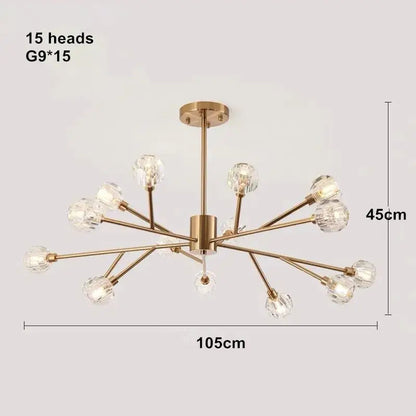 Modern gold decorbites crystal led chandelier with 15 crystal globe light fixtures for dining room lighting