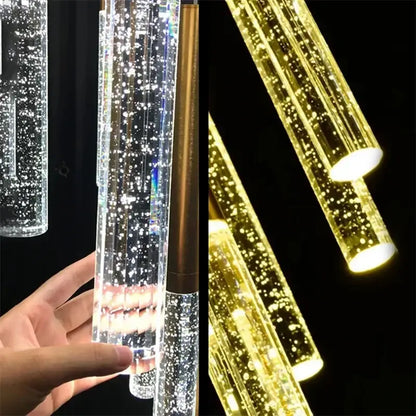 Modern gold decorbites crystal led chandelier with clear cylindrical design and embedded bubbles for living room staircase
