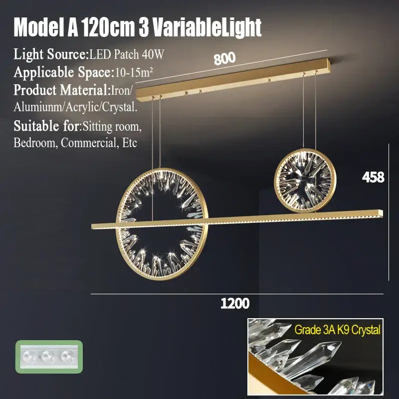 Modern gold decorbites crystal pendant chandelier with two circular grade 3a k9 crystal accents for dining room lighting