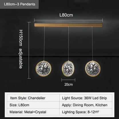 Modern gold decorbites crystal pendant chandelier with three hanging crystal pendants for dining room lighting