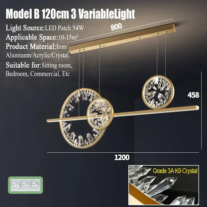 Modern gold decorbites crystal pendant chandelier with three circular k9 crystal LED lights for dining room lighting