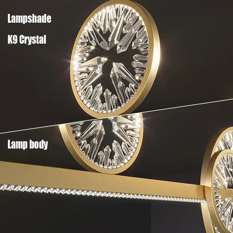 Modern gold decorbites crystal pendant chandelier with gold-toned circular lampshade and k9 crystal facets for dining room lighting