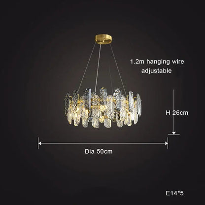 Modern gold decorbites crystal round chandelier with clear crystal prisms and gold-toned metal frame for dining room lighting