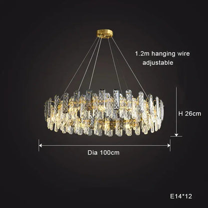 A modern gold decorbites crystal round chandelier with clear crystal prisms for dining room lighting