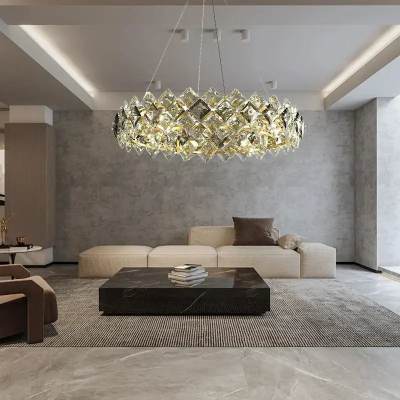 Modern gold decorbites crystal round chandelier with geometric clear and gold-toned crystal design for dining room