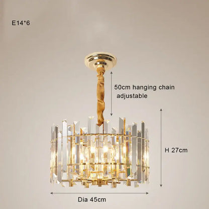 Gold-toned decorbites crystal round chandelier with clear crystal prisms and twisted brass hanging chain for living room light