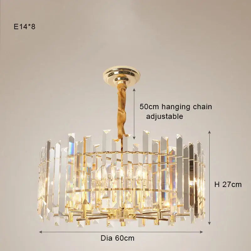 Modern gold decorbites crystal round chandelier with gold-toned frame clear crystal prisms and adjustable hanging chain