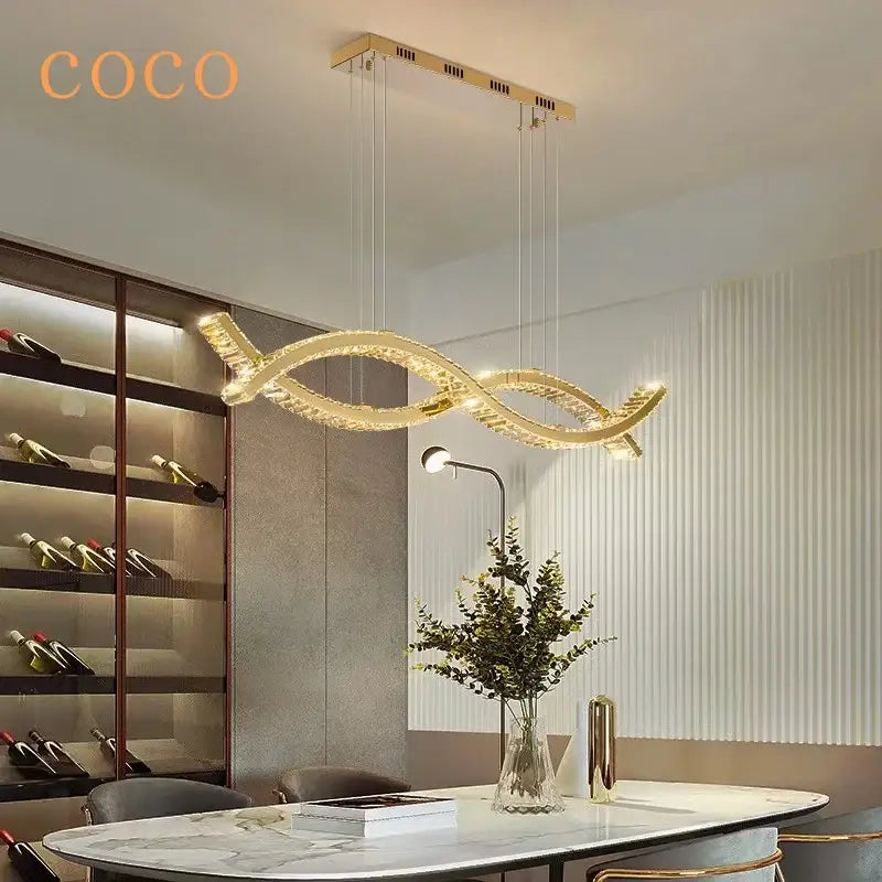 Modern gold decorbites crystal strip chandelier pendant light with intertwined design and embedded crystal accents