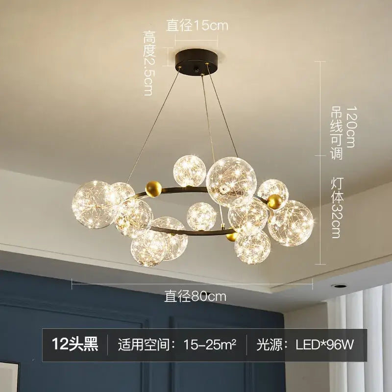 Modern gold decorbites glass ball chandelier with 12 glowing spherical bulbs and intricate led filaments for dining room