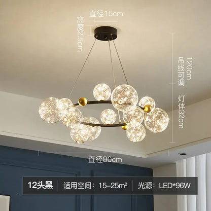 Modern gold decorbites glass ball chandelier with 12 glowing spherical bulbs and intricate led filaments for dining room