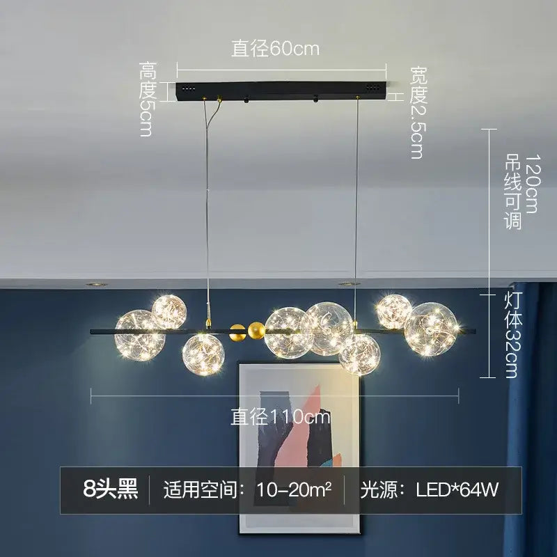 Modern black metal decorbites glass ball chandelier with eight clear globes and gold-toned accents for dining room