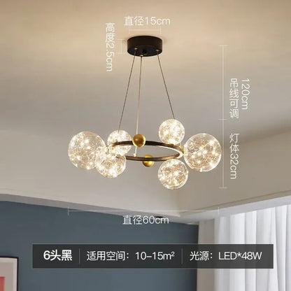 Modern black metal decorbites glass ball chandelier with six clear globes and intricate led filaments for dining room