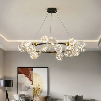 Modern gold decorbites glass ball chandelier with clear glass spheres and black frame for dining room lighting