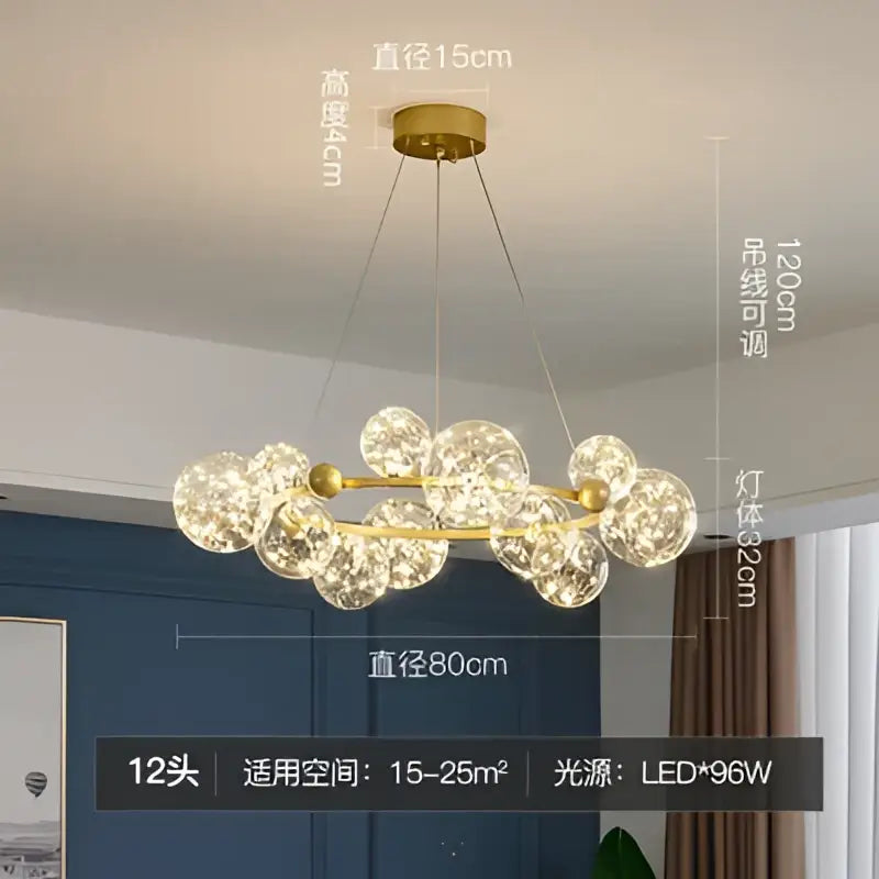 Modern gold decorbites glass ball chandelier with 12 clear glass globes suspended from a circular frame for dining room